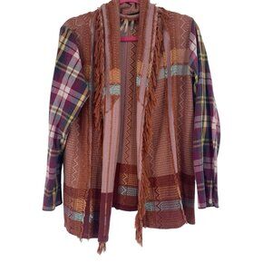Buckle BKE Large Sweater Open Front Cardigan Plaid Fringe Boho Hippie Western